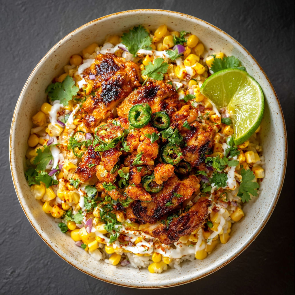 A bowl of food with chicken, corn, and lime.