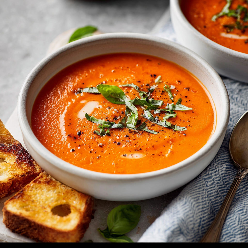 A bowl of soup with a spoon in it.