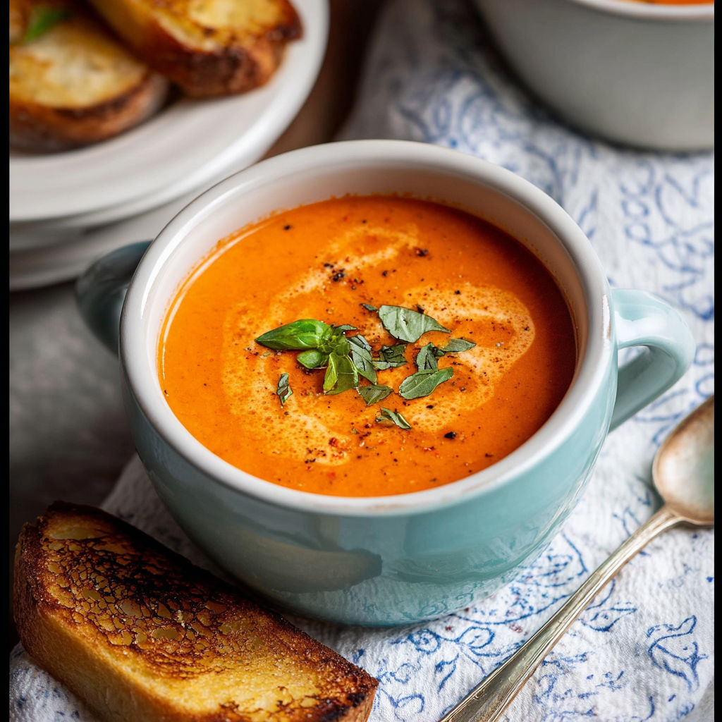 A bowl of soup with a spoon and a piece of bread.