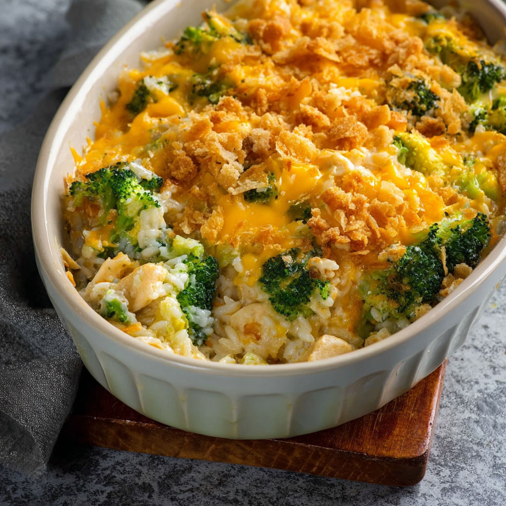 A casserole with chicken, broccoli, and rice.