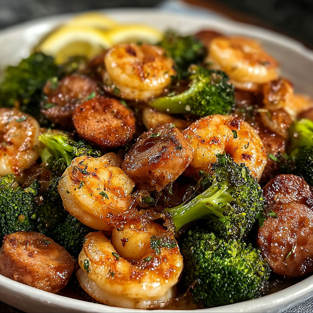 A bowl of shrimp and broccoli.