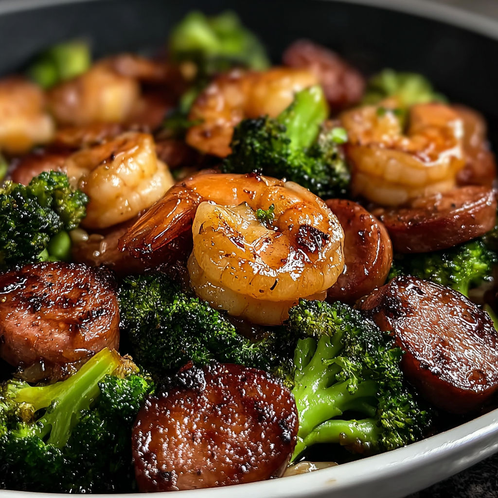 A bowl of food with shrimp, sausage, and broccoli.