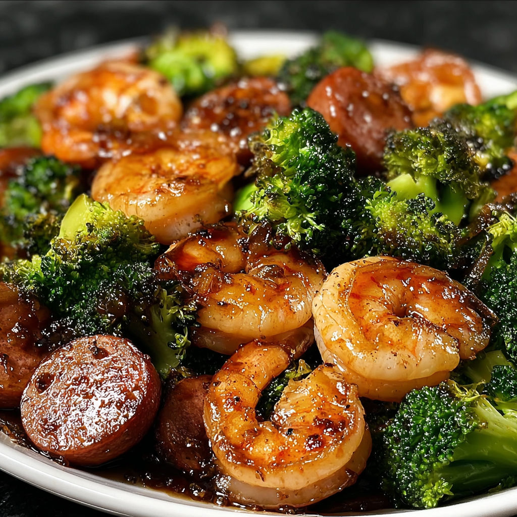 A plate of shrimp and broccoli.