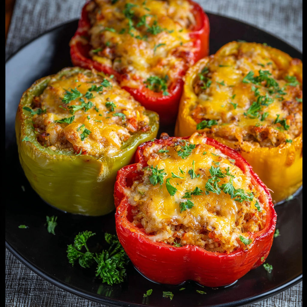 Four stuffed bell peppers on a plate.