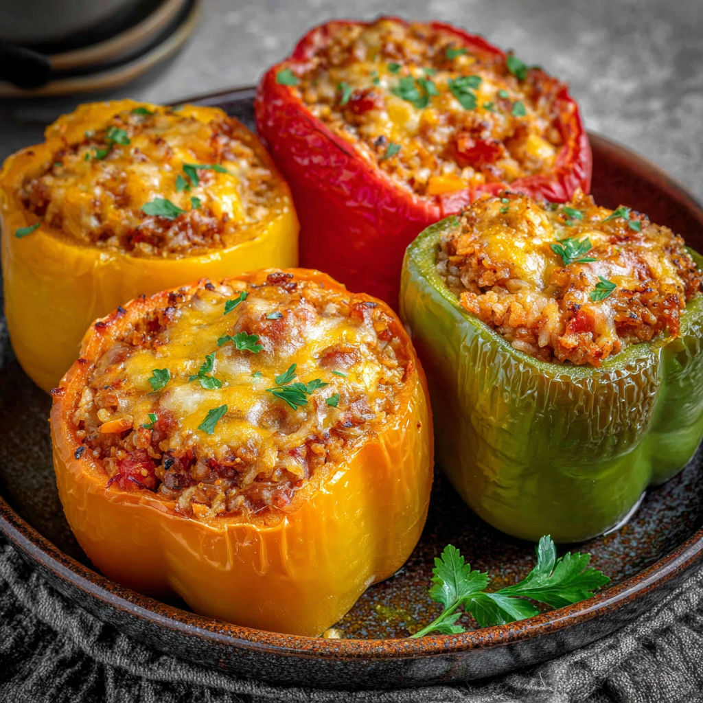 A plate of four peppers with cheese.