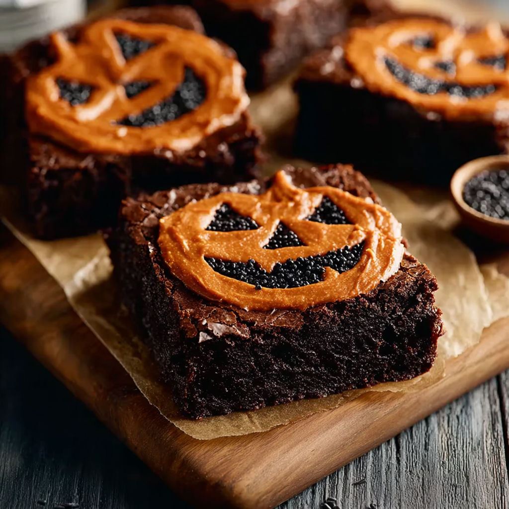 A plate of brownies with a pumpkin face on top.