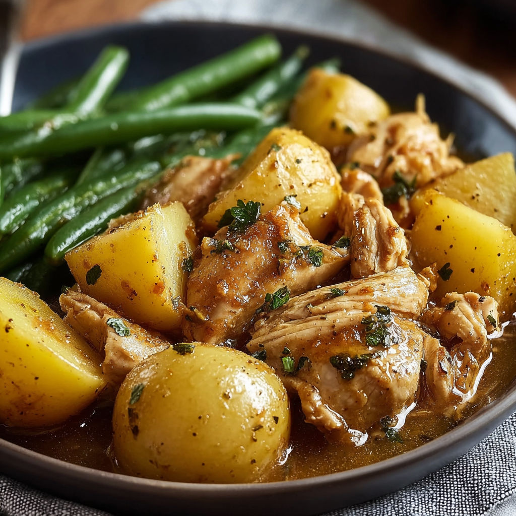 A plate of chicken and potatoes with green beans.