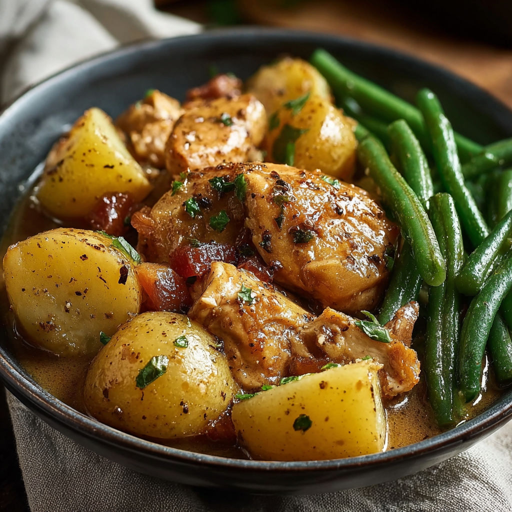 A bowl of slow cooker chicken and potatoes with green beans.