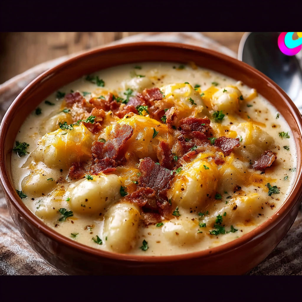 A bowl of soup with bacon and cheddar cheese.