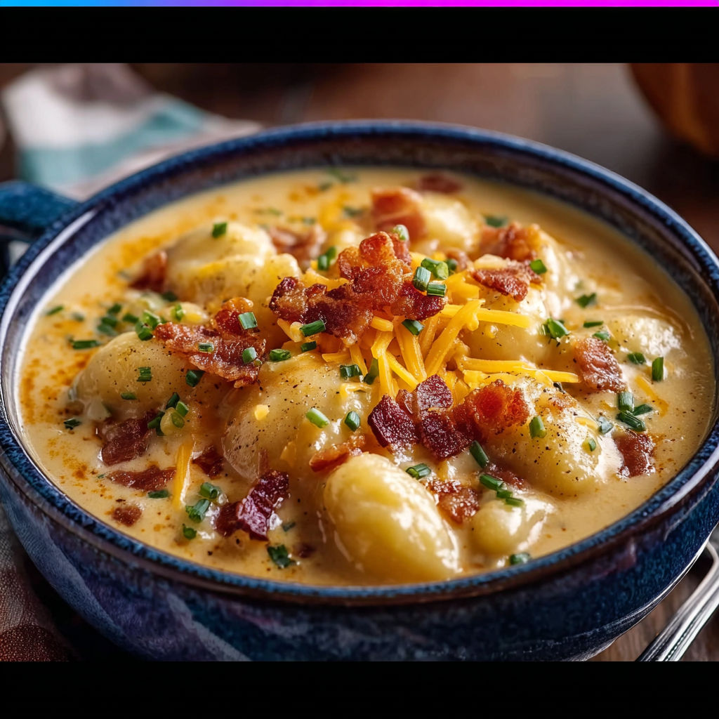 A bowl of soup with bacon and cheddar cheese.