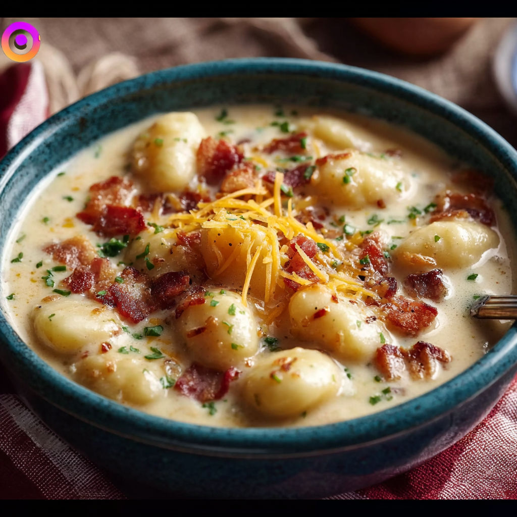 A bowl of soup with bacon and cheddar gnocchi.