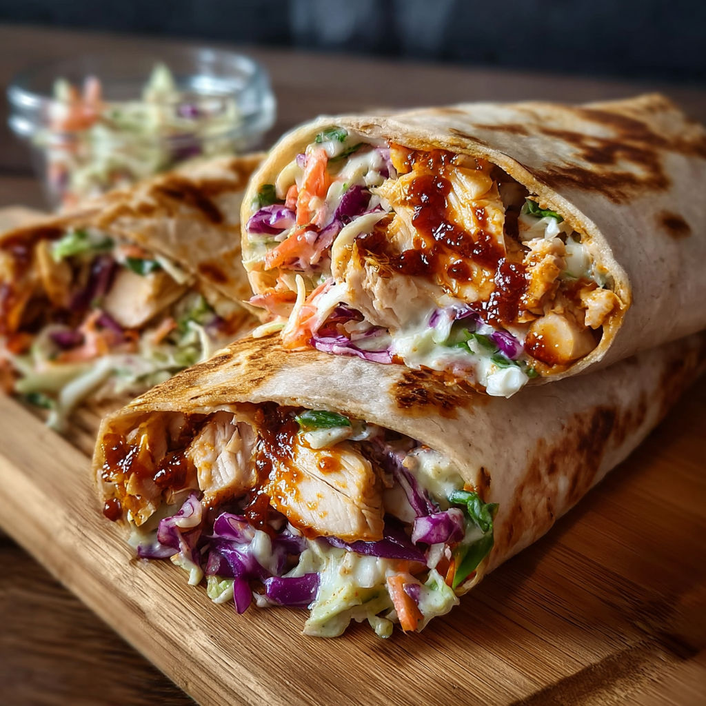 A chicken wrap with sauce on a wooden table.
