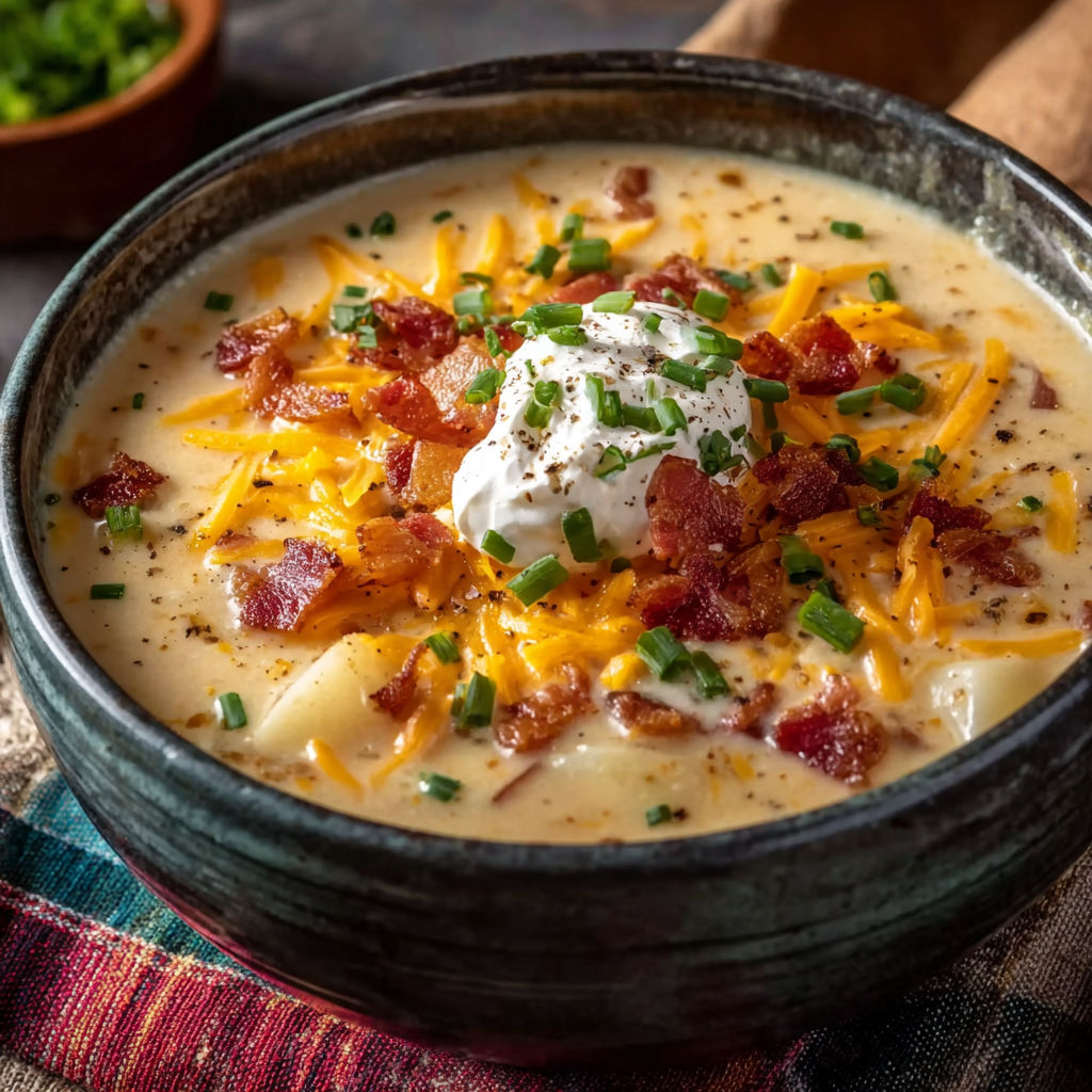 A bowl of soup with cheese and bacon.