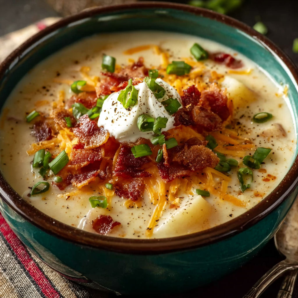 A bowl of soup with cheese and bacon.