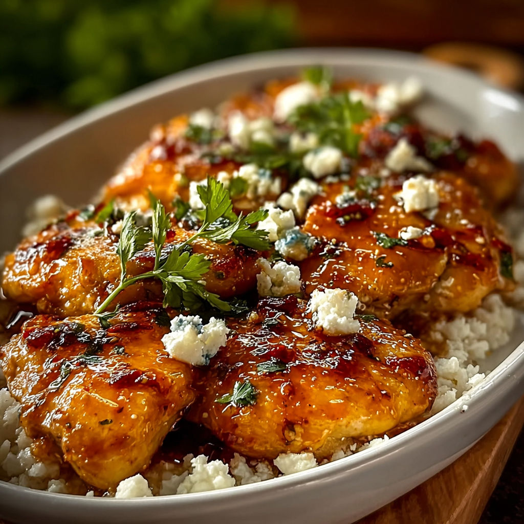 A deliciously spicy and savory hot honey feta chicken dish.