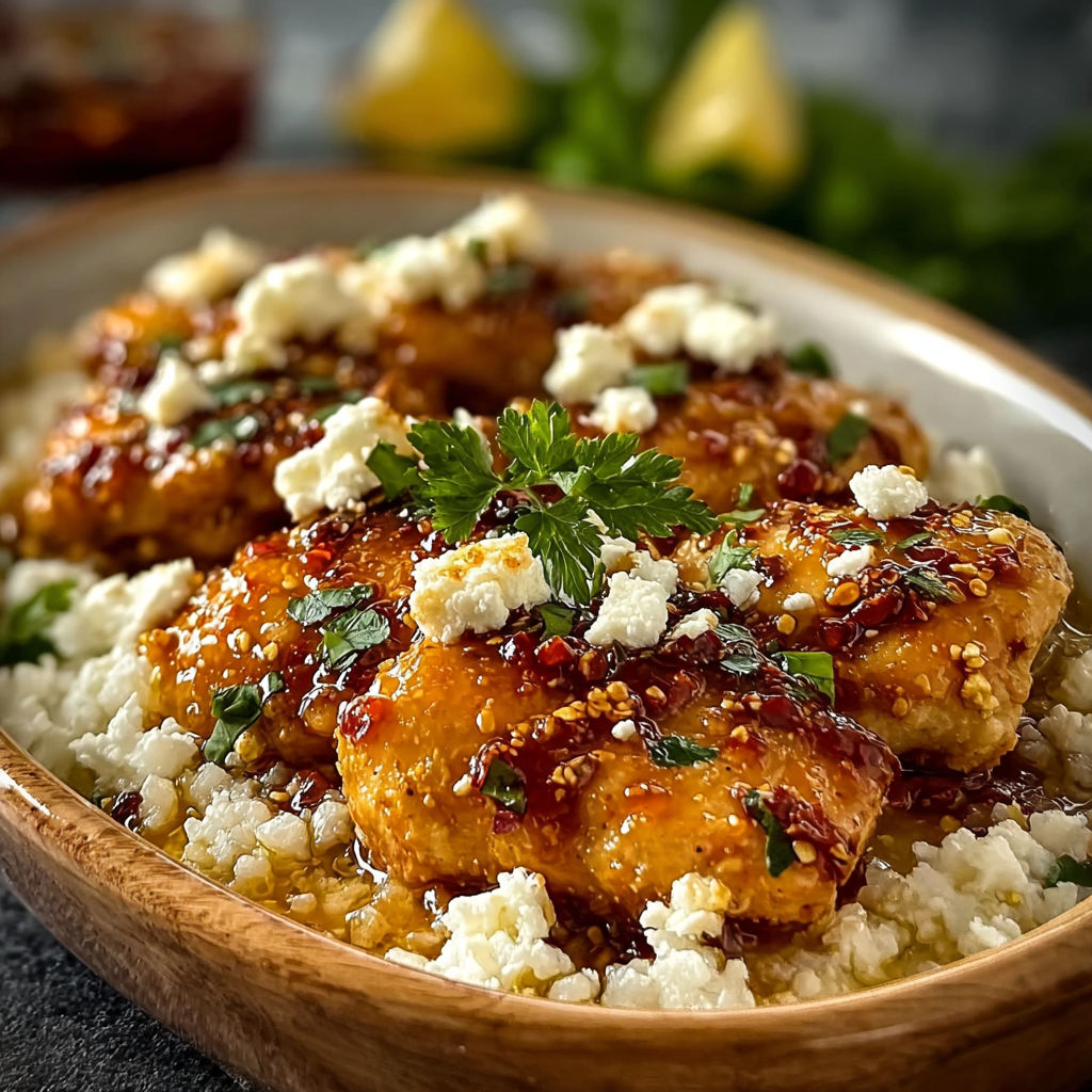 A deliciously spicy and savory hot honey feta chicken dish.