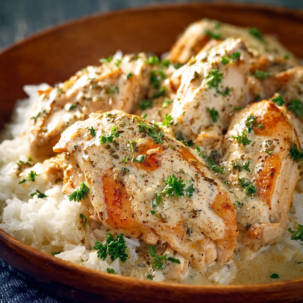 A bowl of rice with chicken and herbs.