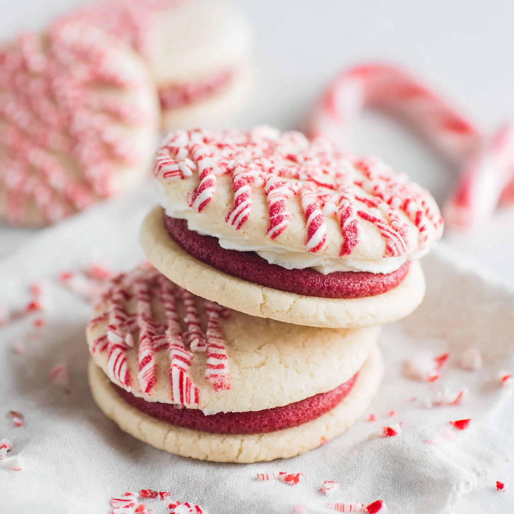 Peppermint butter cookie sandwiches stacked on a table.