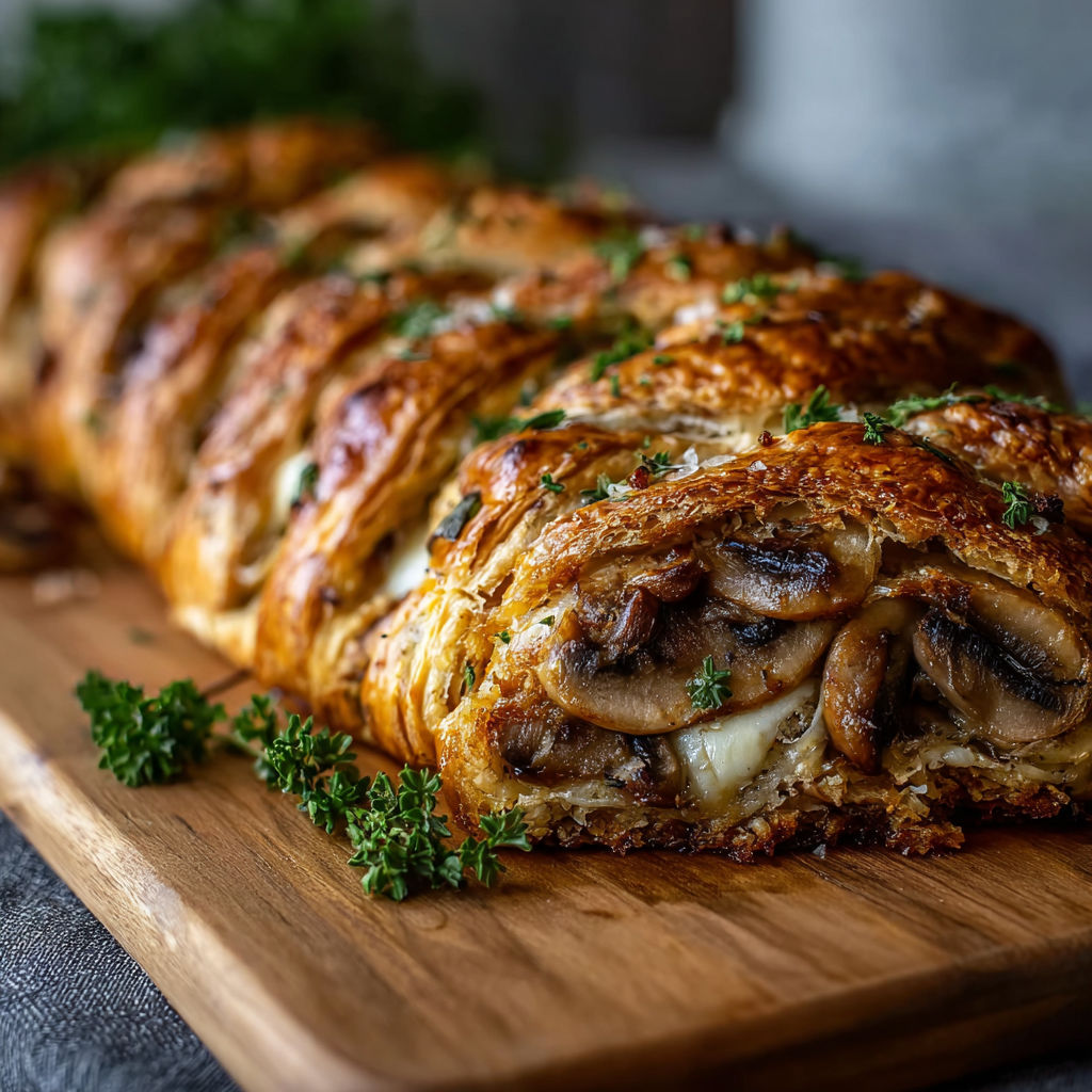 A long pastry with mushrooms on top.