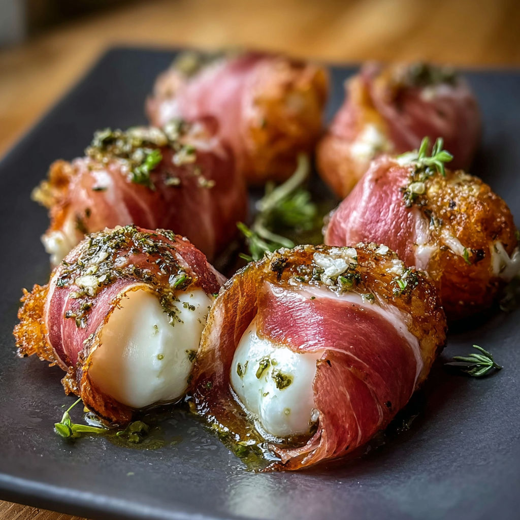 A plate of prosciutto wrapped mozzarella bites.
