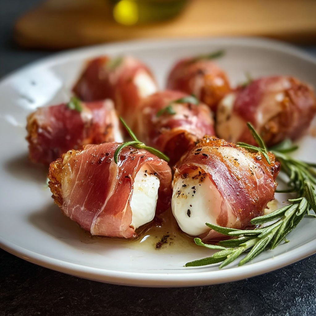 A plate of meat wrapped in bacon.