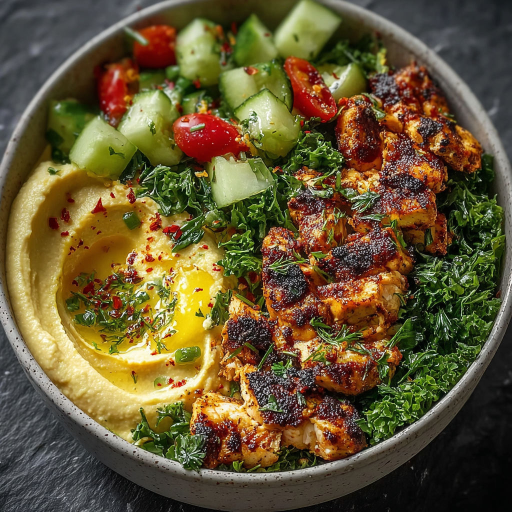 A bowl of food with chicken, cucumber, and hummus.