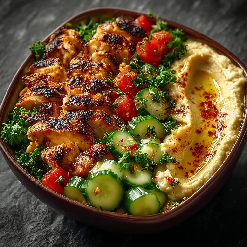 A bowl of food with chicken, cucumbers, tomatoes, and hummus.