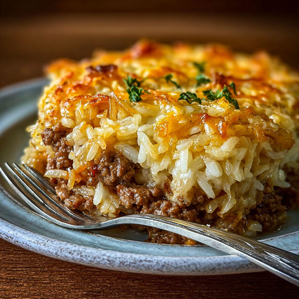 A casserole with rice, ground beef and onions.