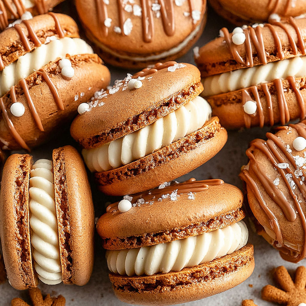 Gingerbread macarons with white icing and chocolate drizzle.