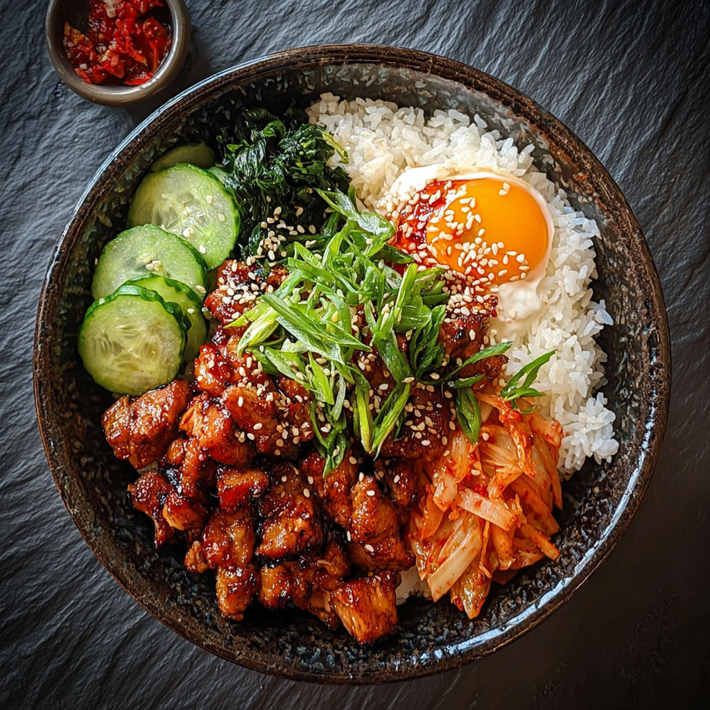 A bowl of food with rice, vegetables, and meat.