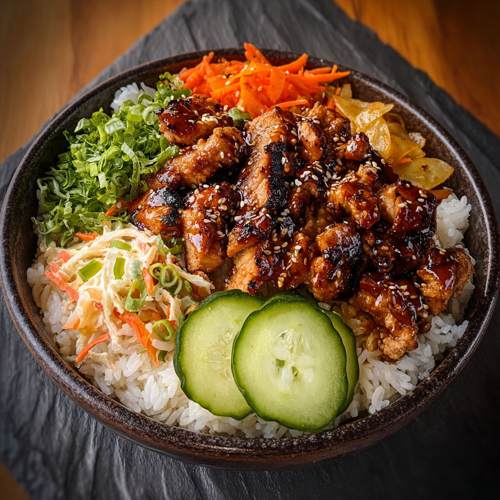 A bowl of food with rice, meat, and vegetables.