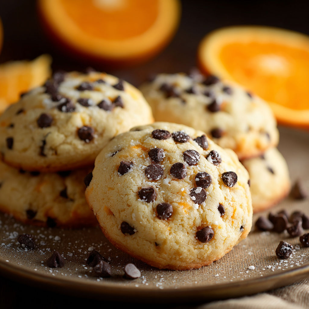 A plate of cookies with chocolate chips and orange slices.