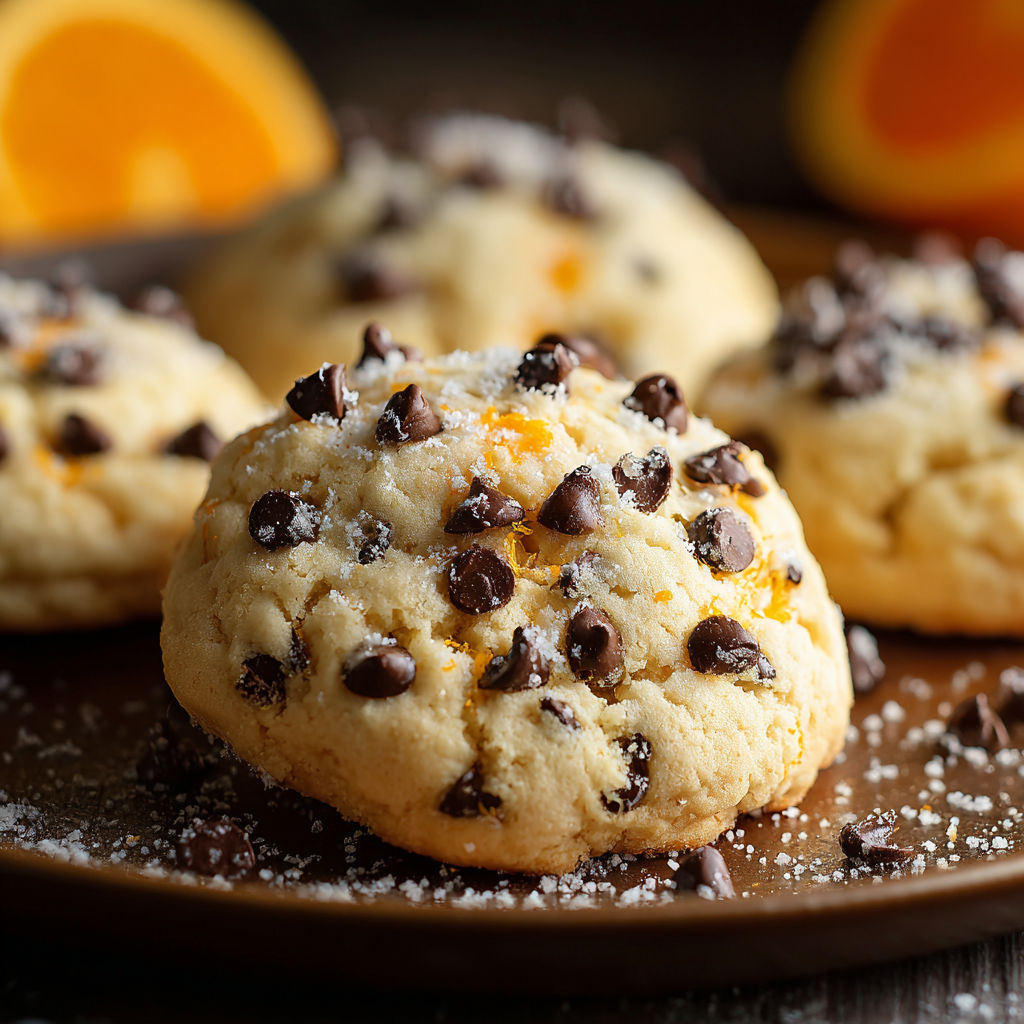 A plate of cookies with chocolate chips and orange slices.