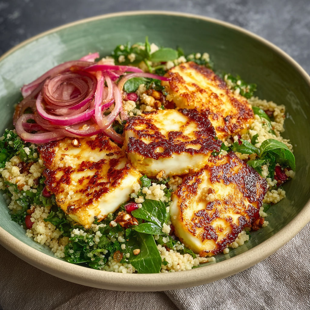 A bowl of food with a pink onion on top.