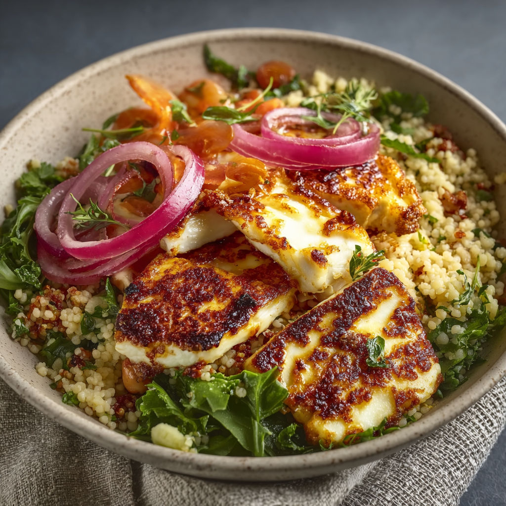 Close up bowl of salad with red onion on top.