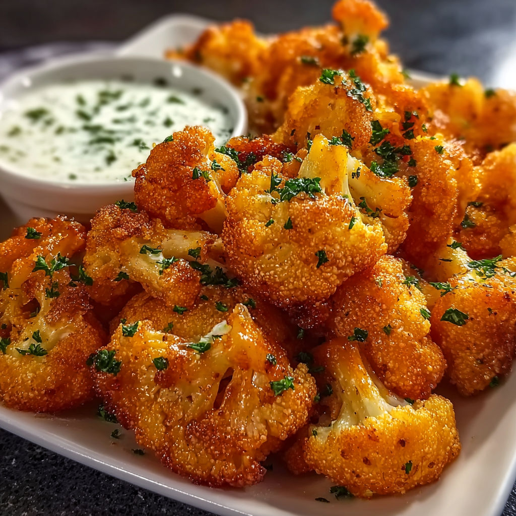 A plate of crispy buffalo cauliflower bites.