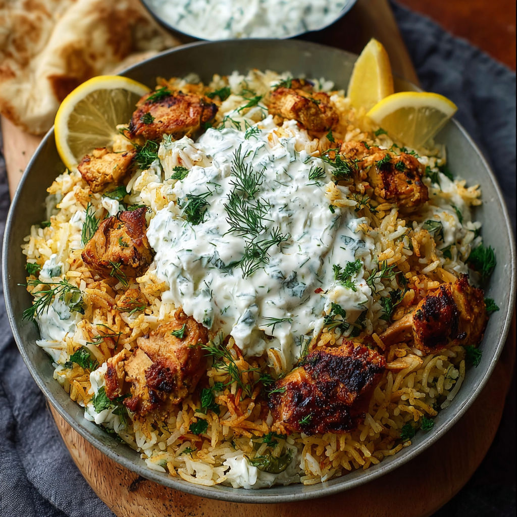 A bowl of rice with chicken and a side of tzatziki sauce.