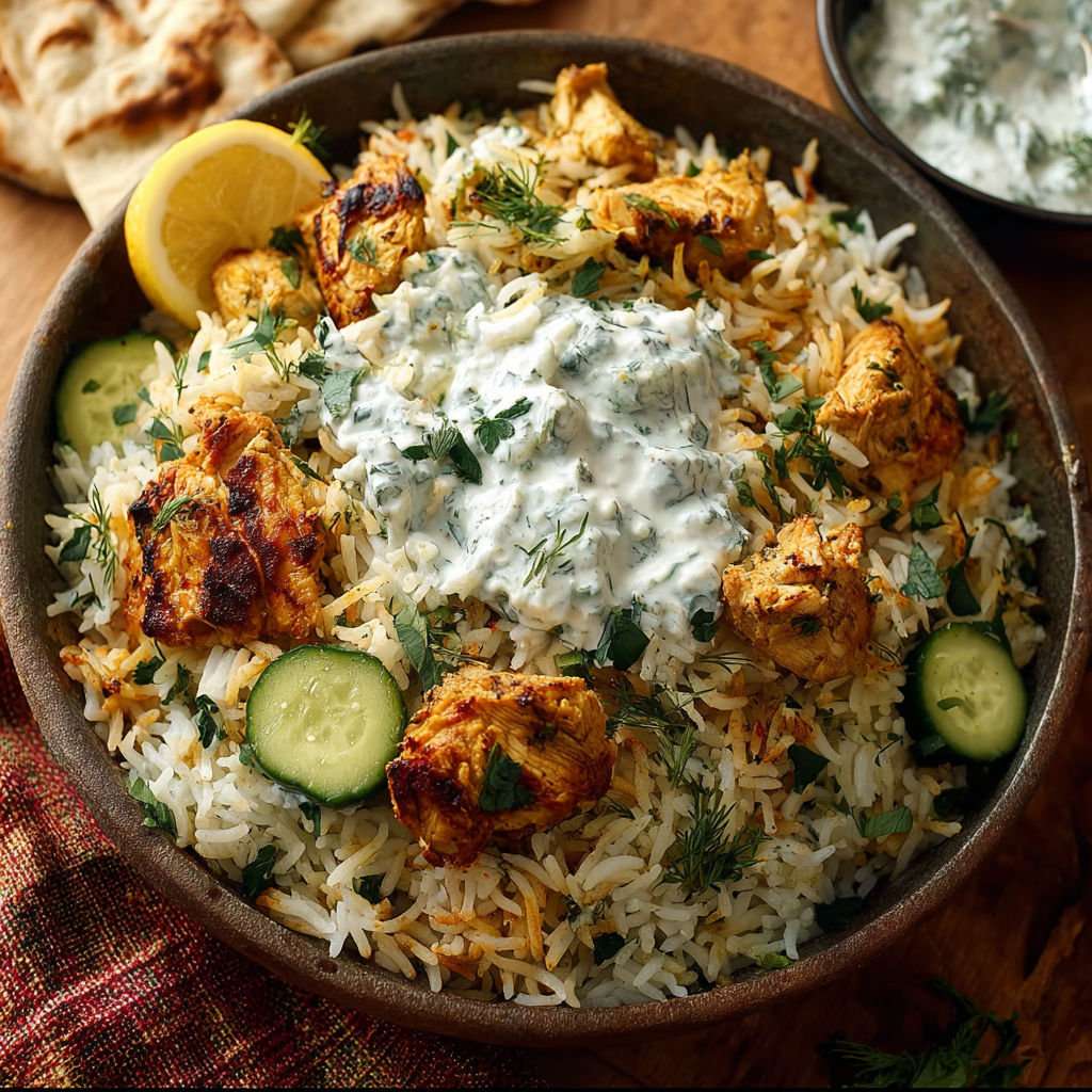 A bowl of rice with chicken and a lemon wedge.