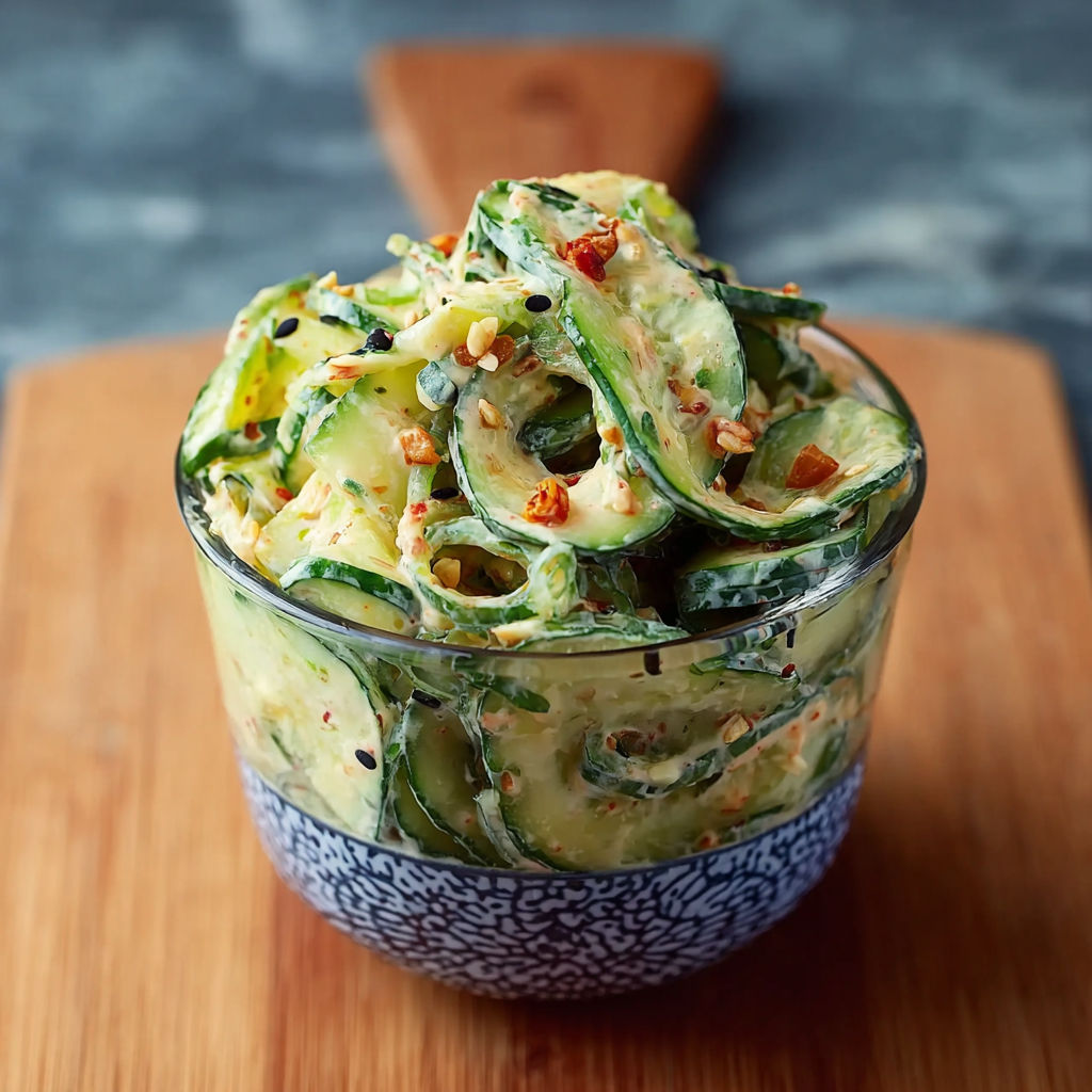 A bowl of creamy Asian cucumber salad.