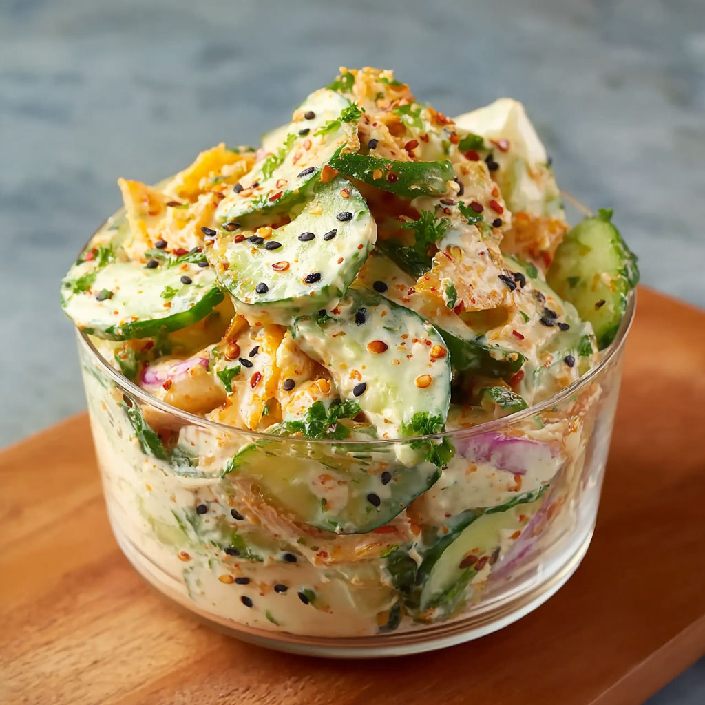 A bowl of creamy Asian cucumber salad.