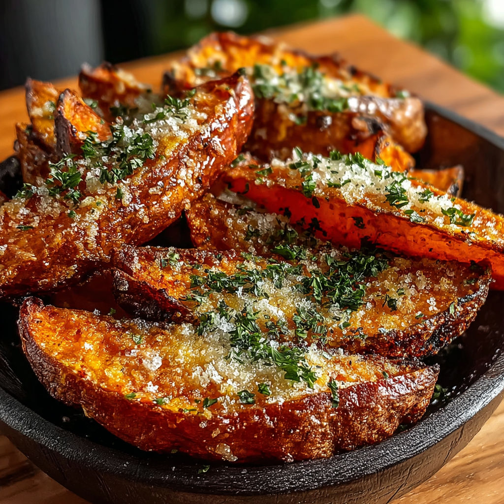A bowl of garlic Parmesan sweet potato wedges.