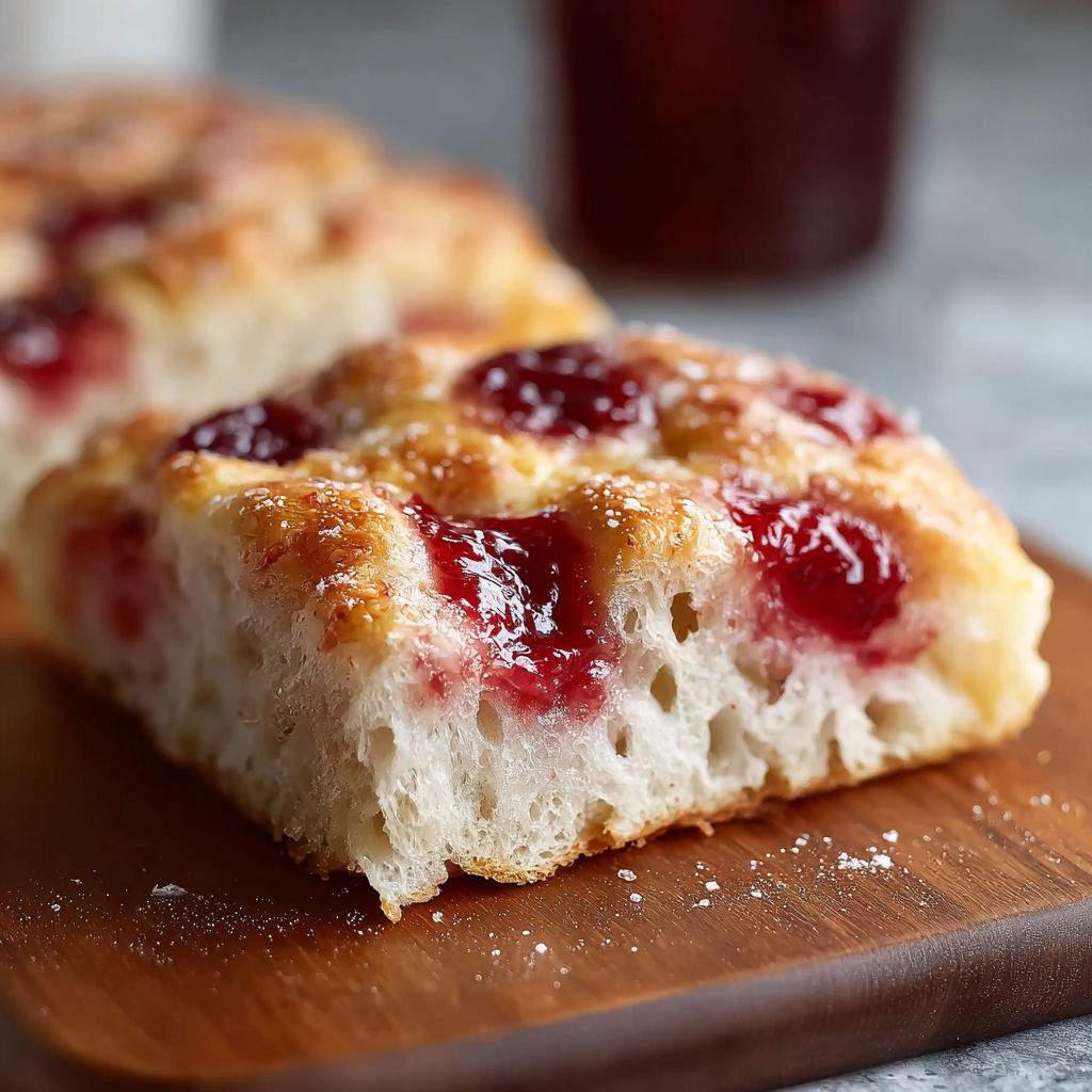 A homemade jam donut focaccia on a wooden cutting board.