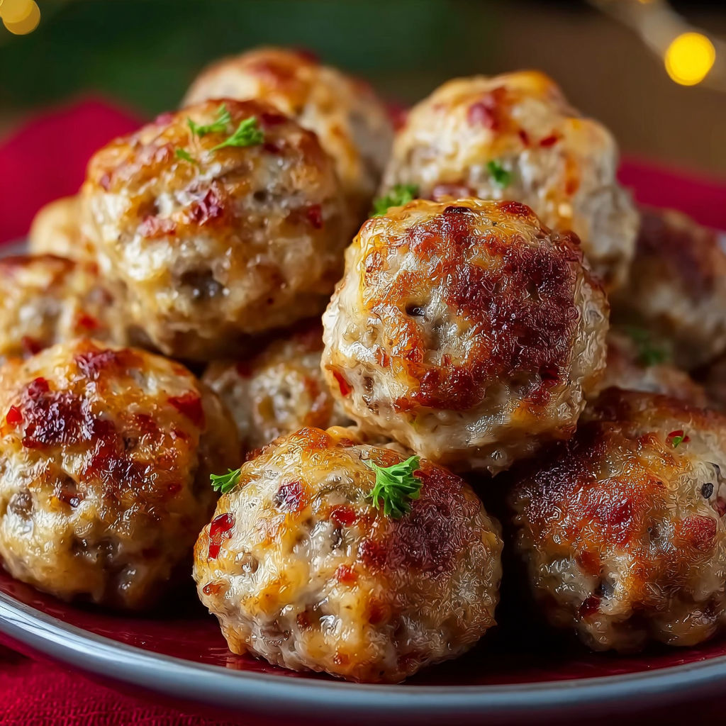 Plate filled with sausage balls topped with fresh herbs.