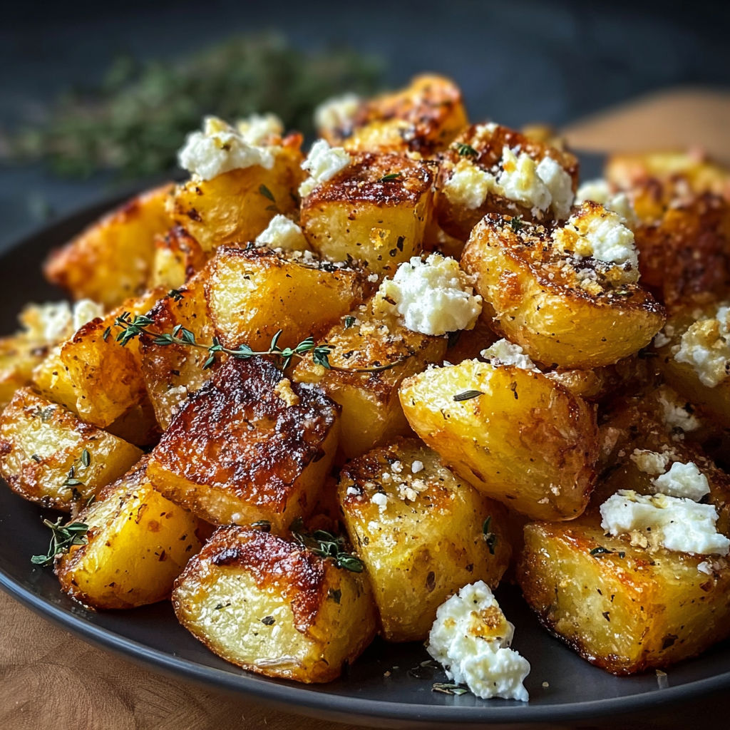 A plate of roasted potatoes with baked feta and garlic.