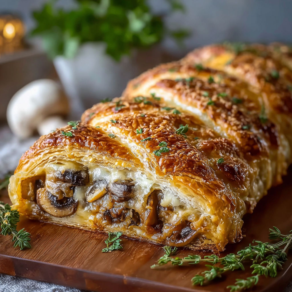 A yummy pastry braid packed with mushrooms and cheese.