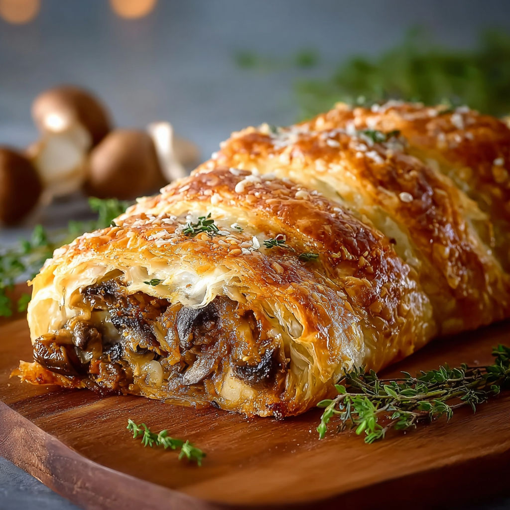 A delicious pastry with mushrooms and cheese.