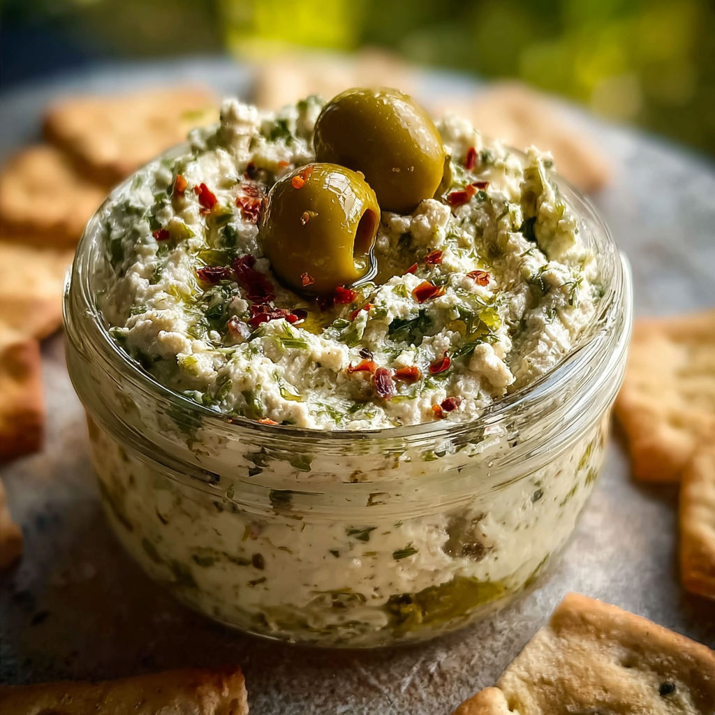 Jar full of creamy green olive and feta spread.