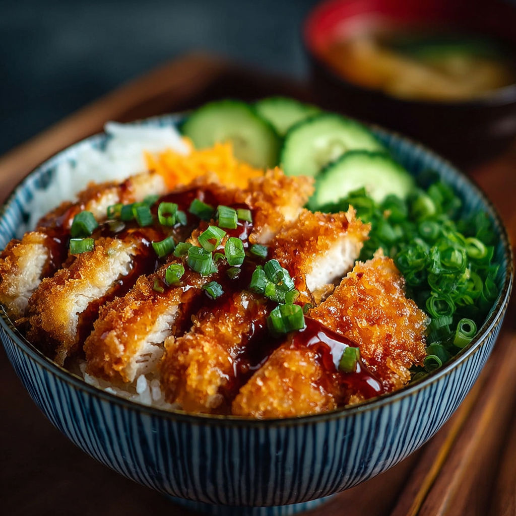 A bowl with crunchy chicken katsu and fresh veggies.