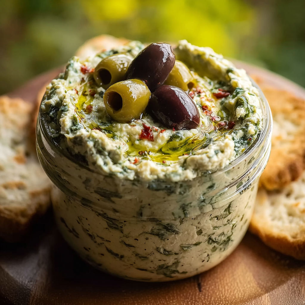 A creamy feta and green olive spread in a glass jar.