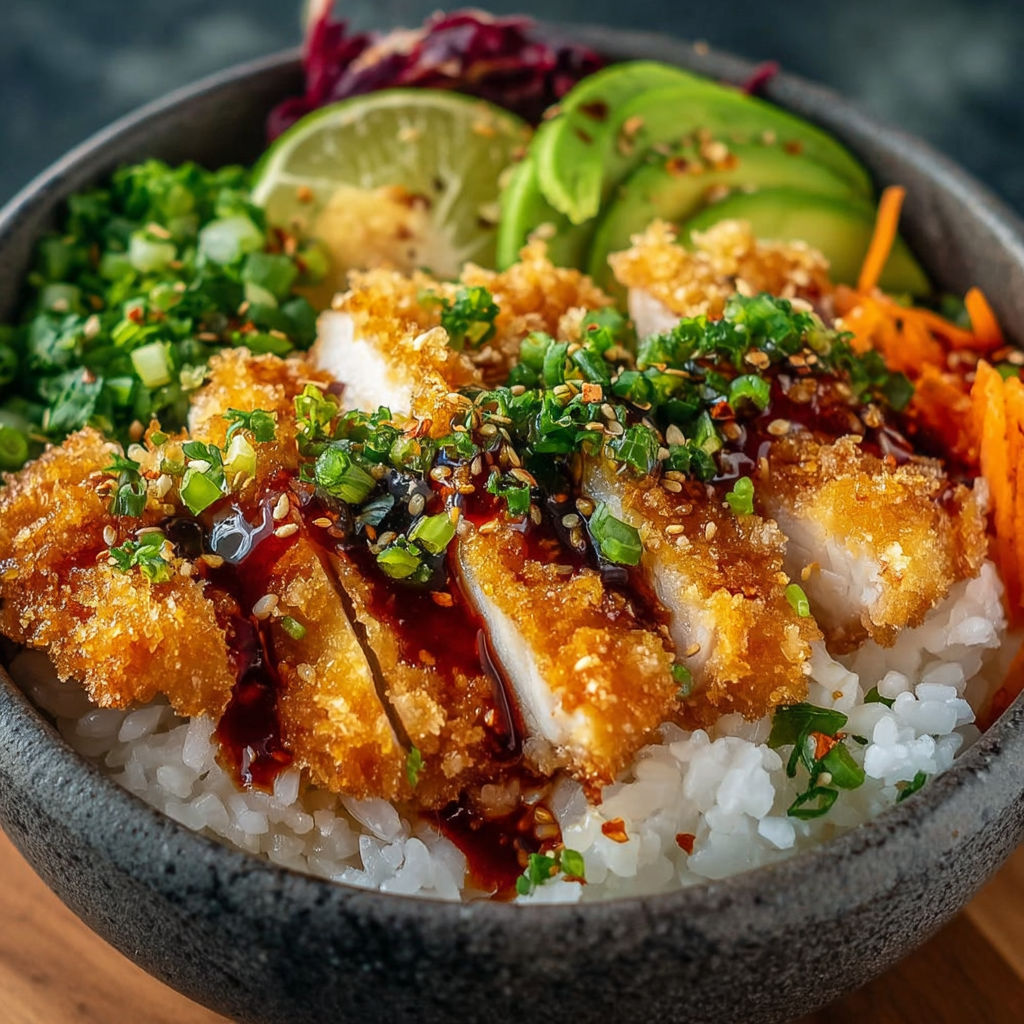 A colorful bowl packed with chicken, rice, and fresh vegetables.